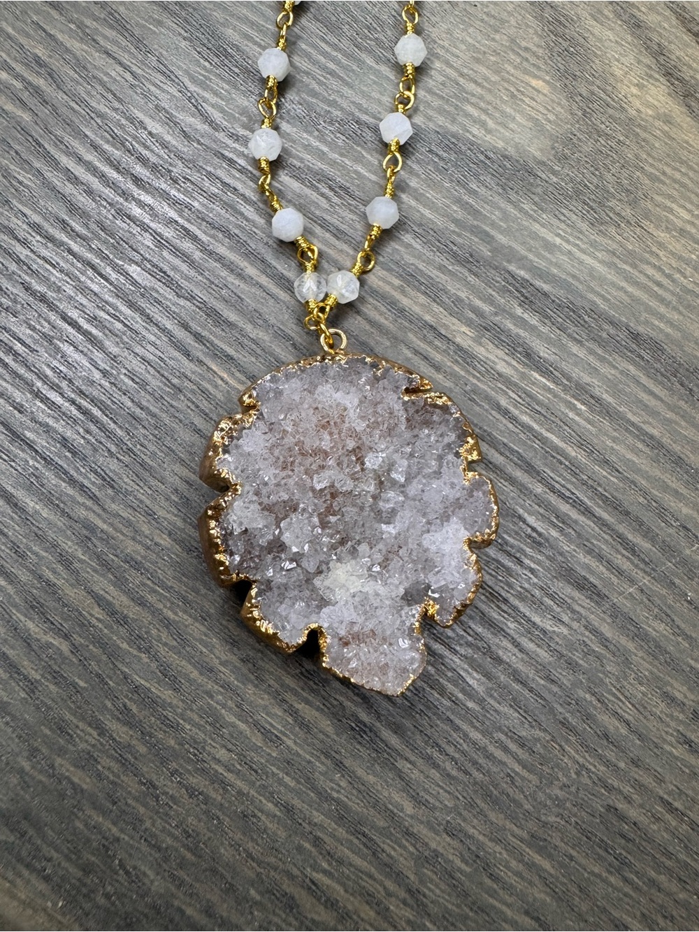 NEW Hespera Gold-Edged White/Gray/Tan Crystal Druzy Necklace with Moonstone